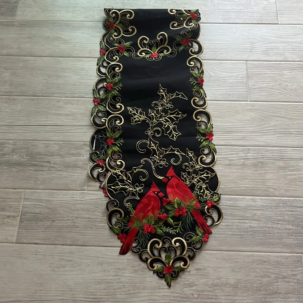 Holiday embroidered cardinal holly berry black gold table runner Christmas 67x12